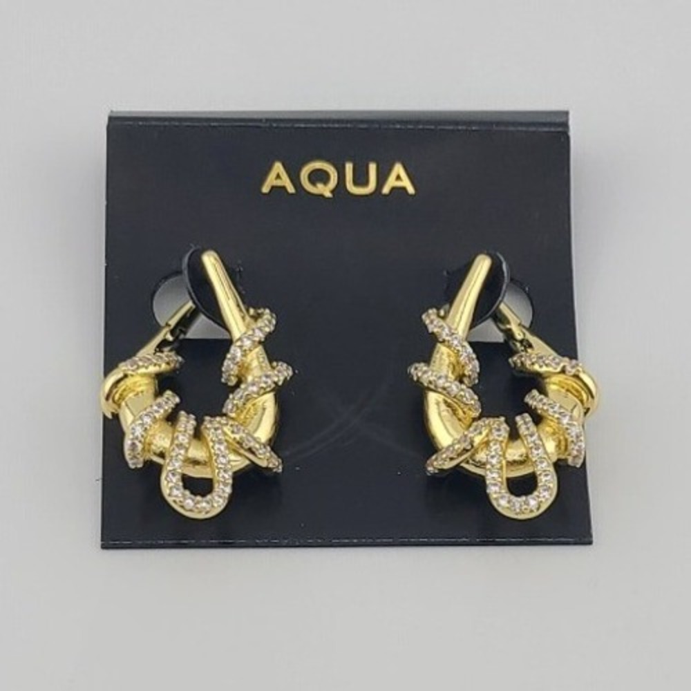 Aqua Gold Tone Pave Crystal Front to Back Hoop Earrings NEW